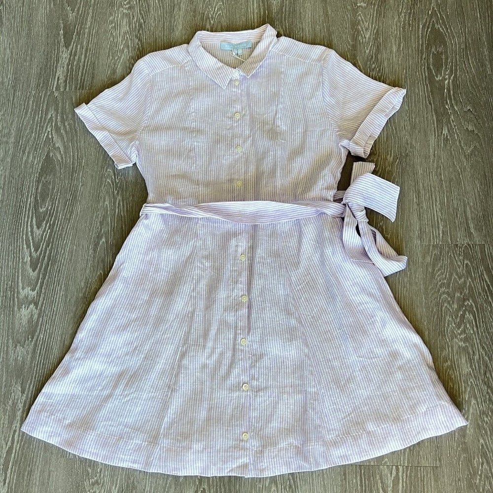 Hill House Laura Dress Size L Lilac Stripe Belted 100% Linen